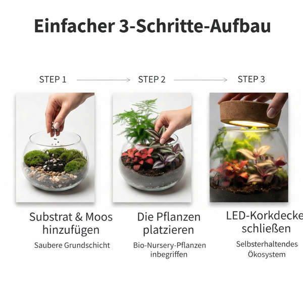 Anleitung zum Aufbau eines Flaschengartens: Substrat und Moos einfüllen, Pflanzen einsetzen und LED-Korkdeckel schließen.