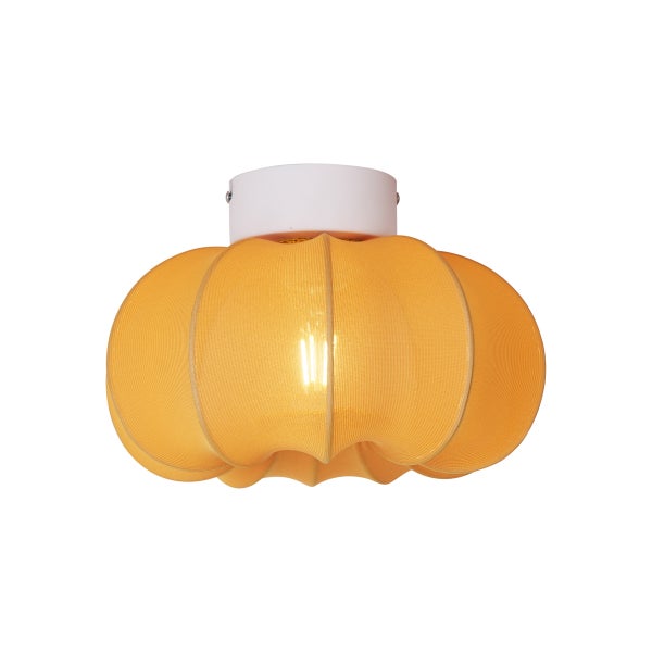 Deckenleuchte mit orangefarbenem Stoffschirm in gewölbter Form und weißem Baldachin.