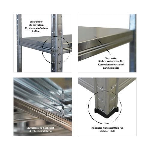 Detailansicht eines Regalsystems mit verzinkter Stahlkonstruktion, Easy-Slide-Stecksystem, robustem Material und Kunststofffüßen für Stabilität