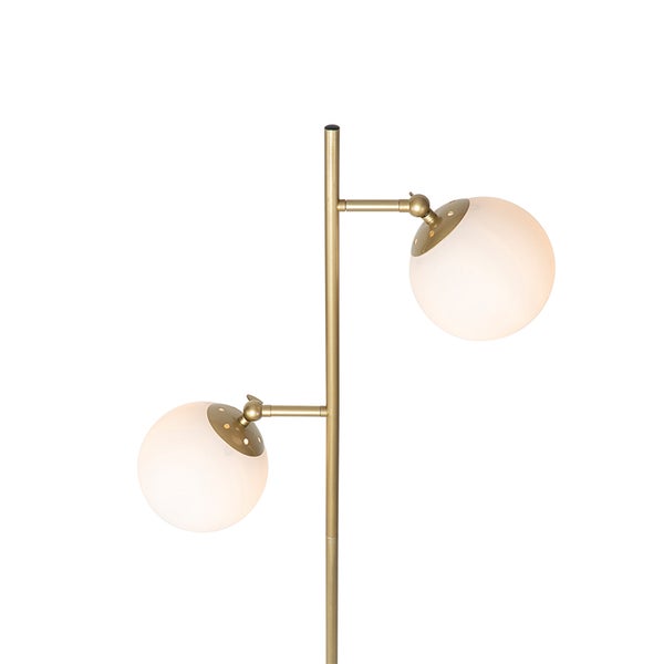 Stehlampe mit zwei runden, leuchtenden Lampenschirmen