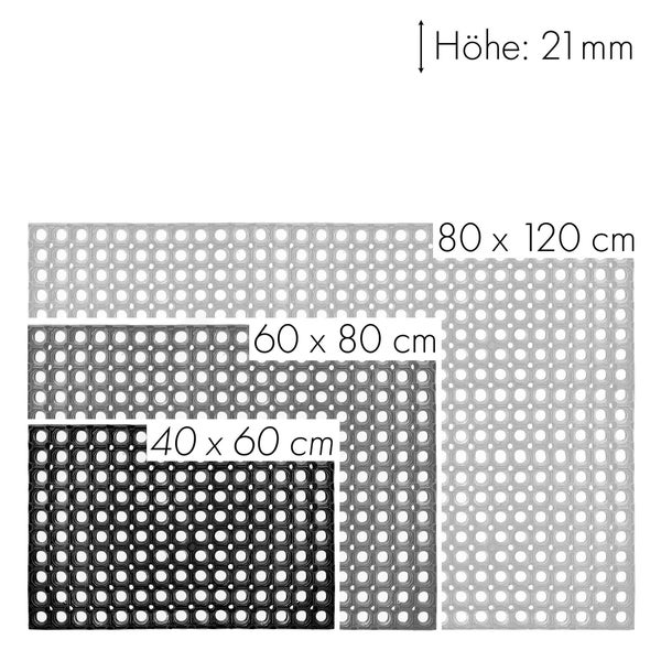 Abbildung verschiedener Größen einer Gummimatte mit Löchern und einer Höhe von 21 Millimetern.