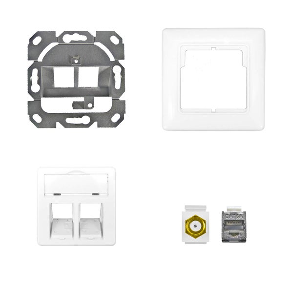 ProfiPatch Keystone Netzwerkdose LAN Dose Cat6A 500MHz Unterputz 1x RJ45 Port Anschluss + 1x F-Verbinder POE CAT7,CAT6A,CAT6,CAT5 geschirmt weiß