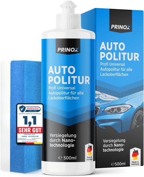 PRINOX® Profi Autopolitur 500ml inkl. Polierschwamm für alle Lacke - Schwarz, Weiß, Buntlacke, Metalliclacke I Auto Politur mit Nanoversiegelung zum Kratzer entfernen - Made in DE