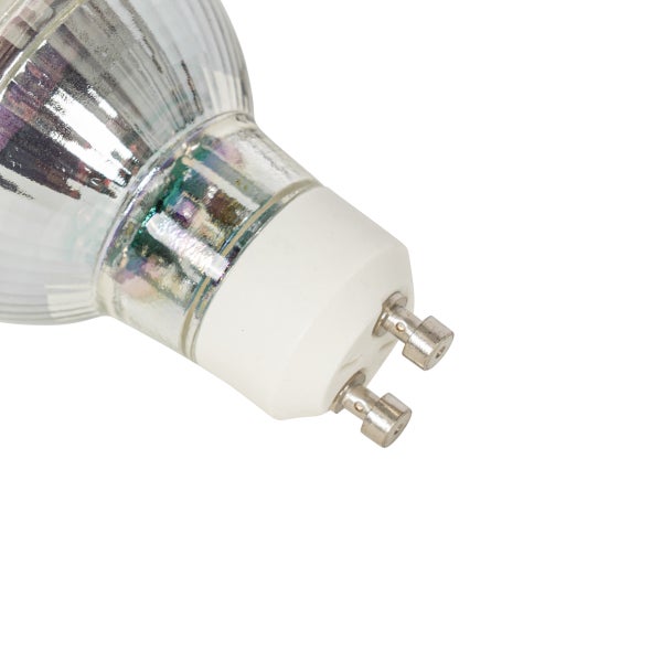 Detailansicht eines GU10 Lampensockels mit zwei Kontaktstiften.