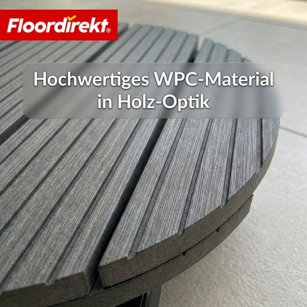 Detailaufnahme einer Terrassenfliese aus hochwertigem WPC-Material in Holzoptik