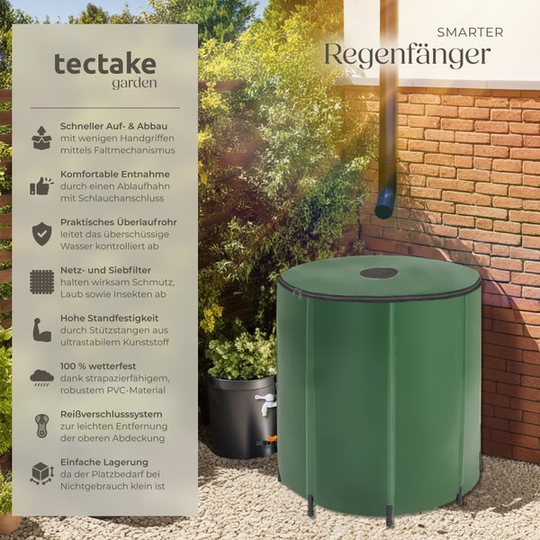 Tectake Regenwasserbehälter faltbar mit Ablaufhahn, Überlaufrohr, Siebfilter und Stützstangen für die Gartenbewässerung.