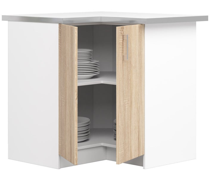 Eckunterschrank mit offener Tür und Geschirr auf den Regalen