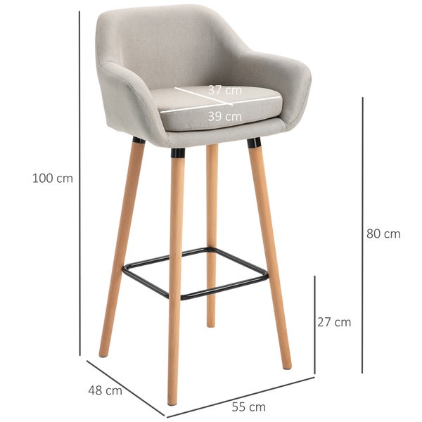 HOMCOM Barhocker 2er Set, Barstuhl mit Sitzkissen, Holzbeine, Rückenlehne und Armlehnen, Küchenstühle mit Fußstütze aus Holz, Tresenhocker für Küche, Wohnzimmer, Esszimmer, Leinenoptik, Beige