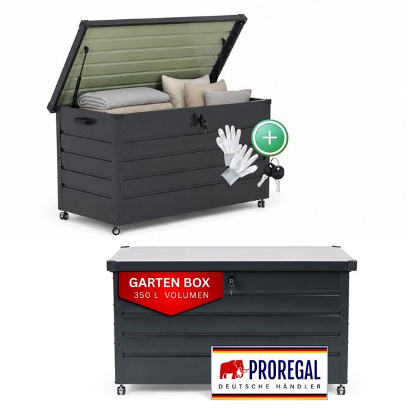 Proregal Gartenbox aus Metall, 350 Liter Volumen, abschließbar, mit Rollen, inklusive Arbeitshandschuhen, Proregal Logo.