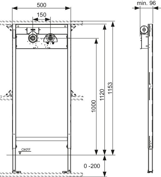 Maßzeichnung eines WC-Vorwandelements mit einer Breite von 500 Millimeter, einer Tiefe von mindestens 96 Millimeter und verstellbaren Füßen.