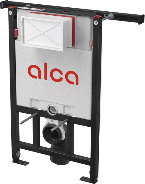 Alca Vorwandelement mit Unterputz-Spülkasten und schwarzem Metallrahmen für wandhängende Toiletten. Alca Logo.