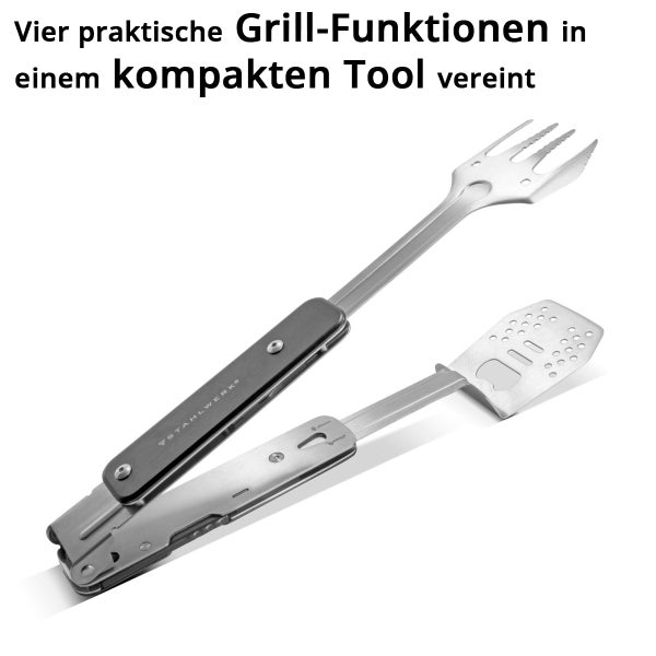Multifunktionales Grillwerkzeug aus Edelstahl mit Grillzange, Pfannenwender, Grillgabel und Flaschenöffner von Stahlwerk.