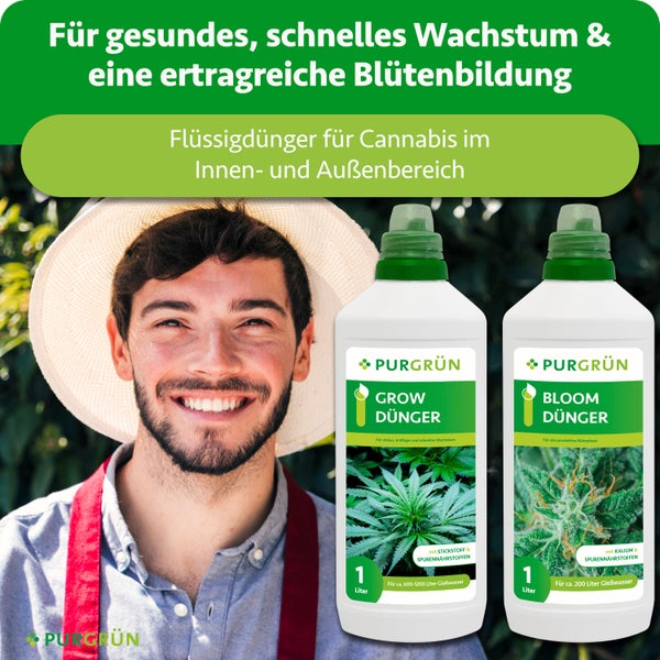 Purgrün Cannabis Flüssigdünger Set mit Grow Dünger und Bloom Dünger für gesundes Pflanzenwachstum im Innen- und Außenbereich.