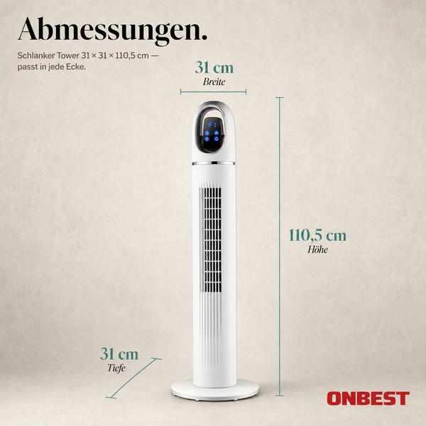 Turmventilator ONBEST in Weiß mit den Maßen: Höhe 110,5 Zentimeter, Breite 31 Zentimeter und Tiefe 31 Zentimeter.