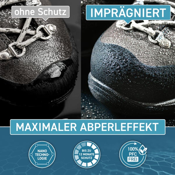 Vergleich von Schuhen mit und ohne Imprägnierung für maximalen Abperleffekt