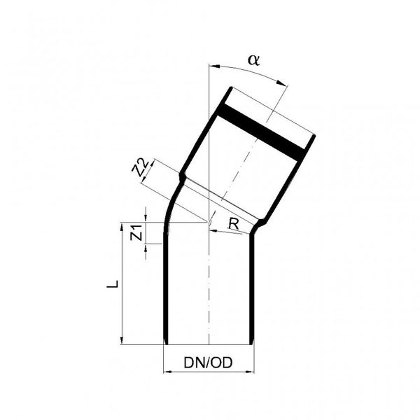 Technische Zeichnung eines Rohrbogens mit Maßangaben für Winkel, Länge, Radius und Durchmesser.