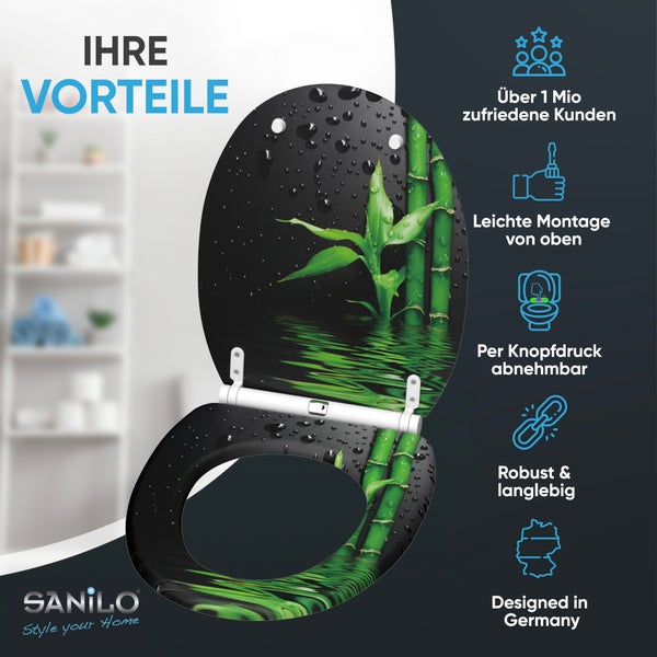SANILO Toilettensitz mit Bambus- und Wassertropfen-Motiv, Montage von oben, abnehmbar, robust, in Deutschland entworfen, SANILO Logo.