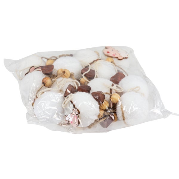 Dekorative Schafgirlande aus Wolle, Holz und Schnur in einer transparenten Verpackung.