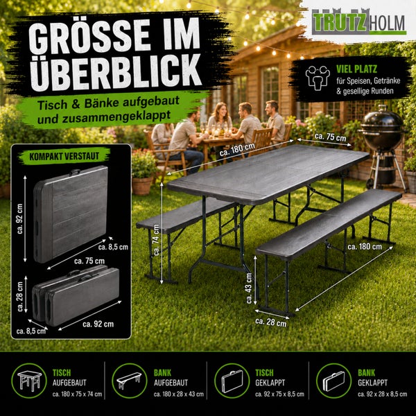 Trutzholm Bierzeltgarnitur Klapptisch und zwei Bänke mit Maßen für Aufbau und platzsparende Lagerung im Garten.