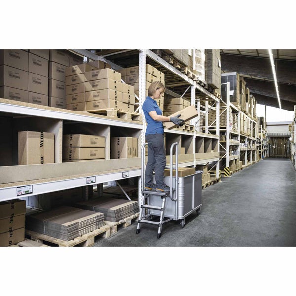 Person auf einer Trittleiter mit Transportwagen entnimmt Kartons aus einem Metallregal in einem hellen, organisierten Lager.