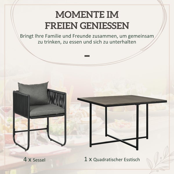Outsunny 5-tlg. Polyrattan Gartenmöbel Set Essgruppe Gartensitzgruppe Esstisch mit 4 Stühlen Balkonmöbel Set für Terrasse, Balkon Grau