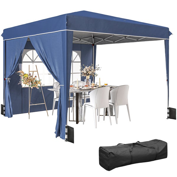 Blauer Faltpavillon mit Seitenteilen, Fenstern und Vorhängen, eingerichtet mit Esstisch und Stühlen, inklusive Standgewichten und Tragetasche.