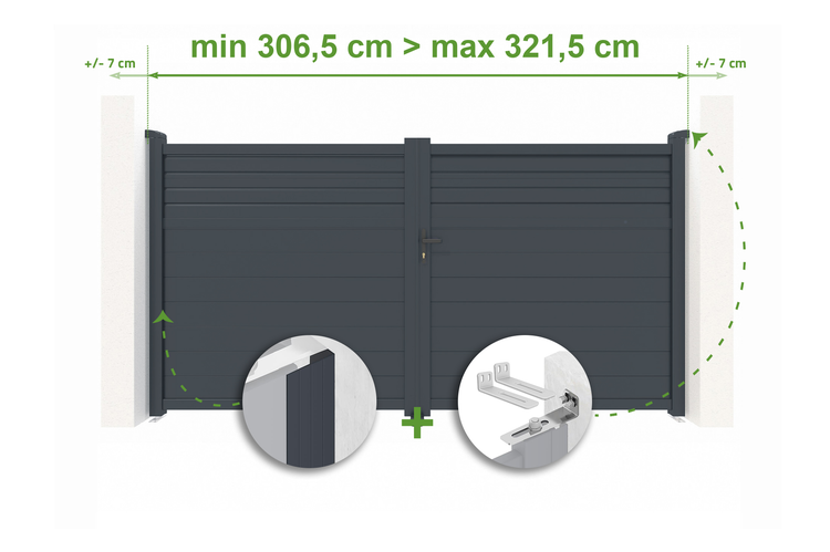 Illustration eines Gartentors mit Breitenangaben