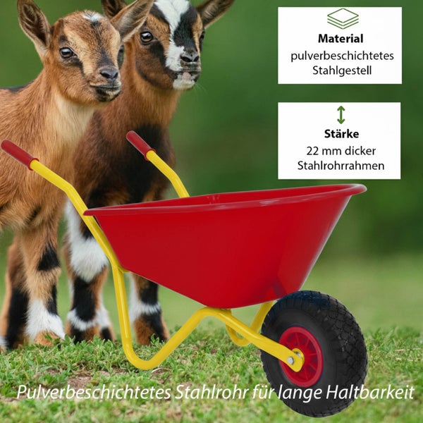 Rote Schubkarre mit pulverbeschichtetem Stahlrohrrahmen und zwei Ziegen im Hintergrund
