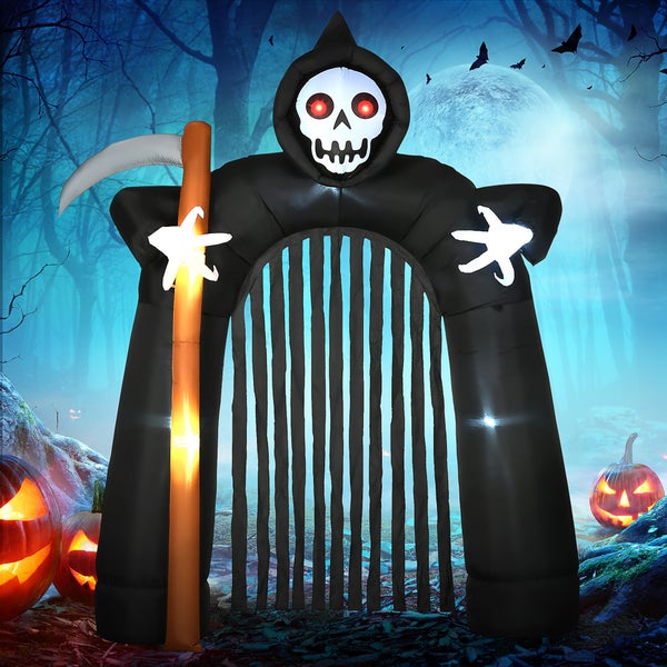 HOMCOM Halloween aufblasbarer Sensenmann-Torbogen, 2,85 m Große, mit LED-Beleuchtung, Partydekoration für Innen- & Außenbereiche, 230L x 65B x 285H cm, Polyester, Schwarz
