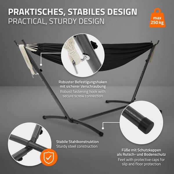 Schwarze Hängematte mit Stahlgestell und einer maximalen Belastbarkeit von 250 Kilogramm