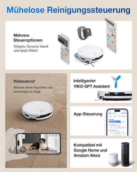 Darstellung der mühelosen Reinigungssteuerung mit Roboterstaubsauger, Smartphone und Smartwatch