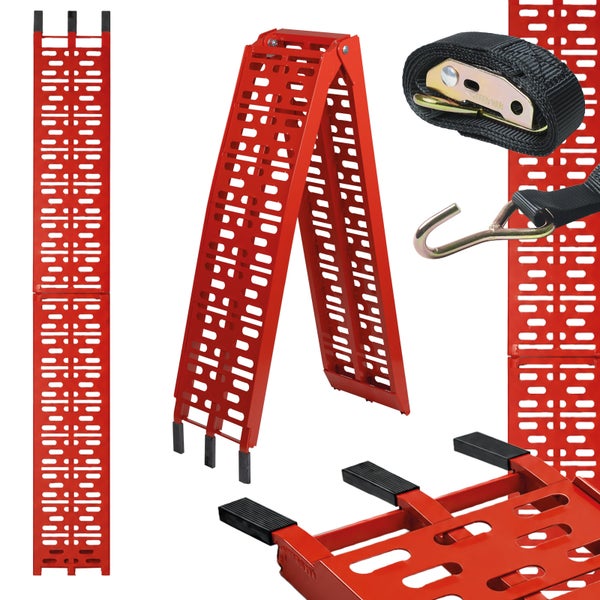 Auffahrrampen Set aus Stahl mit Antirutschprofil und Spanngurten zum Verladen von Fahrzeugen oder Maschinen.