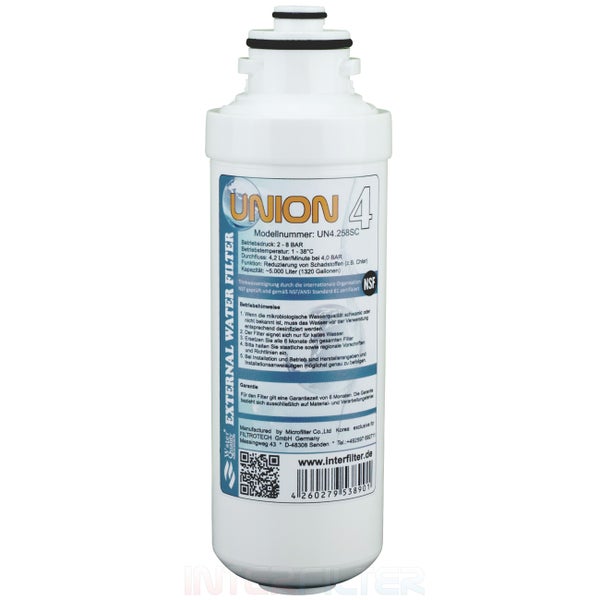 Externer Wasserfilter UNION 4 Modell UN4.258SC für Trinkwasser mit NSF Zertifizierung zur Reduzierung von Schadstoffen.
