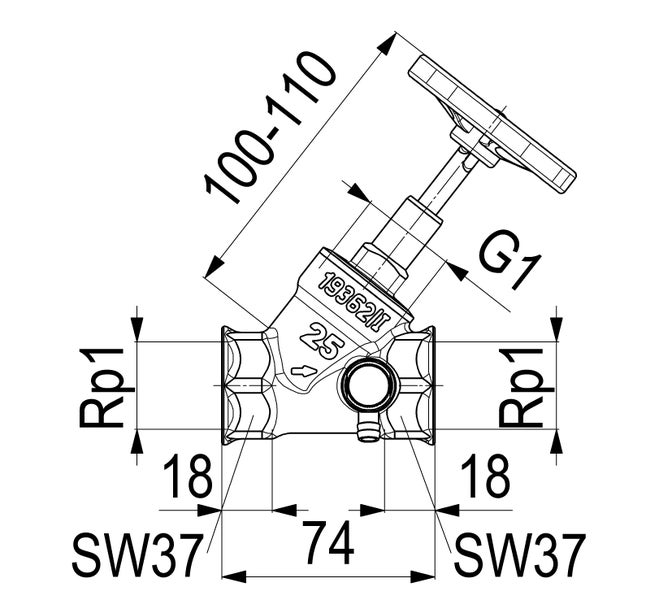 Technische Zeichnung eines Schrägsitzventils mit Handrad und detaillierten Maßangaben.