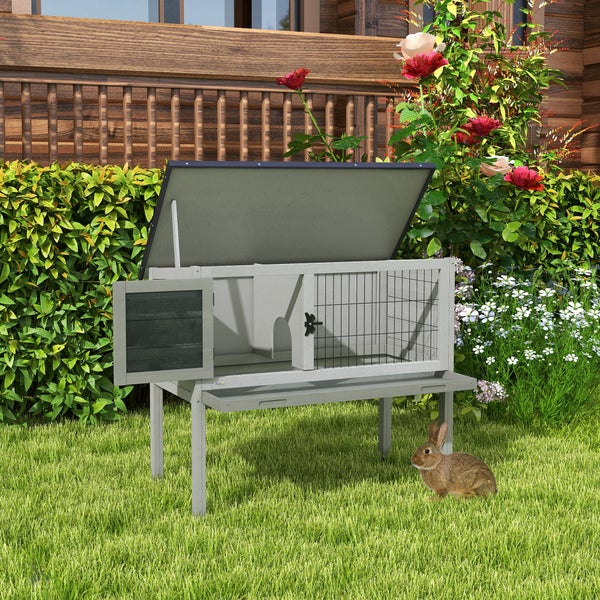 PawHut Hasenstall Kaninchenstall mit aufklappbar Dach Winterfest Hasenkäfig aus Tannenholz Outdoor Kleintierstall Kaninchenkäfig für Kaninchen Hasen Meerschweinchen 84x43x70 cm Grau