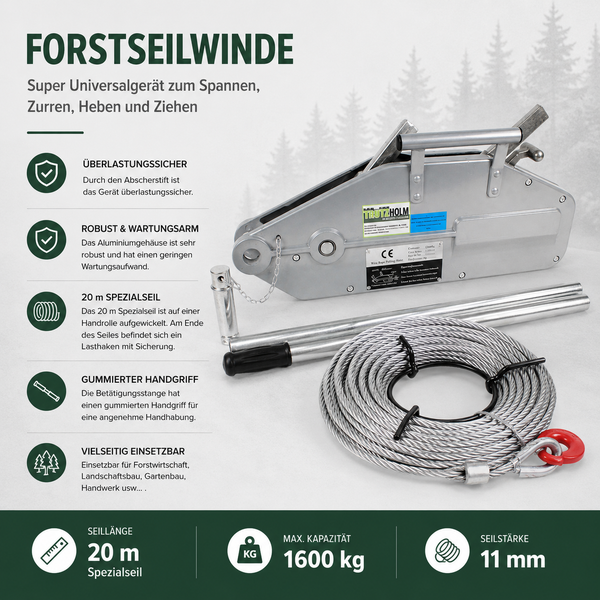 Trutzholm Forstseilwinde, überlastungssicher, 20 Meter Seil, 1600 Kilogramm Tragkraft, 11 Millimeter Seilstärke, Aluminiumgehäuse und Hebel.