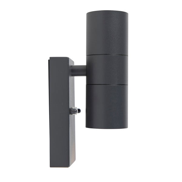 Zylindrische Wandaußenleuchte aus Metall in Anthrazit mit Lichtaustritt nach oben und unten sowie Bewegungsmelder.