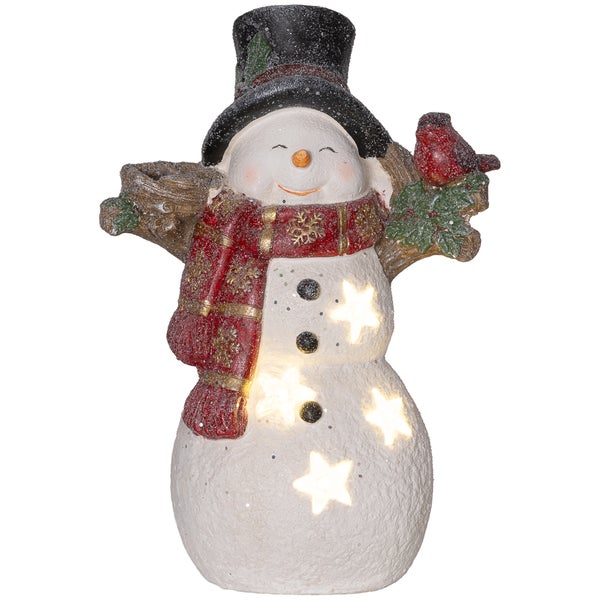 HOMCOM Weihnachtsdeko Figur, Schneemann mit Schals, Hüte und Vögel, 38 cm Weihnachtsfigur mit LED-Licht, Dekofigur zu Weihnachten, für In- und Outdoor