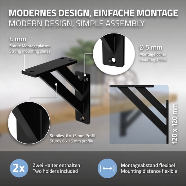 ML-Design 2 Stück Regalhalterung 120x120 mm, Schwarz, Aluminium, Schwebende Regalhalterungen, Regalwinkel, Wandhalterung für Regalbrett, Regalträger für Wandmontage, Wandregal Wandkonsole Regalstütze