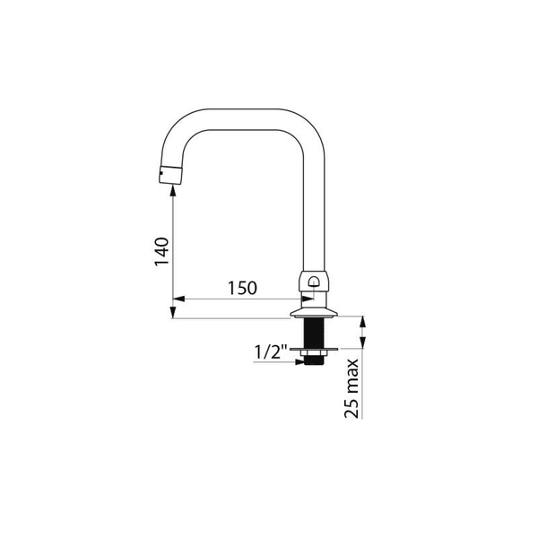 Technische Zeichnung eines gebogenen Auslaufs mit Maßen von 140 Millimeter Höhe, 150 Millimeter Ausladung und einem 1/2 Zoll Anschluss.