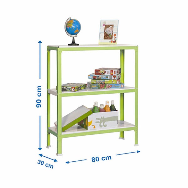 Grünes Metallregal mit drei weißen Böden, Maße 90 Zentimeter Höhe, 80 Zentimeter Breite, 30 Zentimeter Tiefe, dekoriert mit Spielzeug.