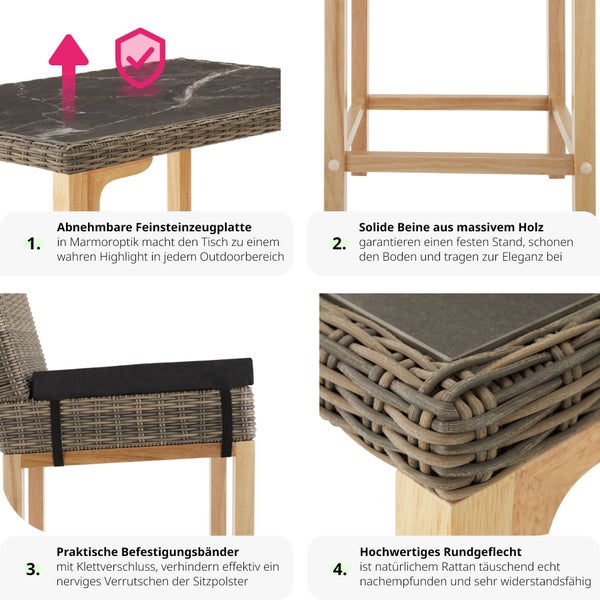 Rattan Tisch Kutina mit 2 Stühlen Latina tectake  Beine aus Holz mit Aluminiumgestellen natur