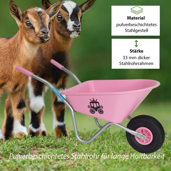 Rosa Schubkarre mit pulverbeschichtetem Stahlrahmen und Kutschenmotiv