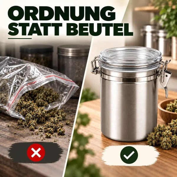Vergleich zwischen einer offenen Kunststofftüte und einem Edelstahl Vorratsglas mit Bügelverschluss auf einem Holztisch zur Aufbewahrung von Kräutern