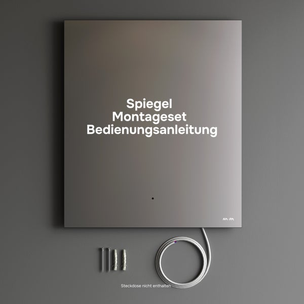Quadratischer Wandspiegel von AM PM inklusive Montageset und Bedienungsanleitung mit Stromkabel ohne Steckdose