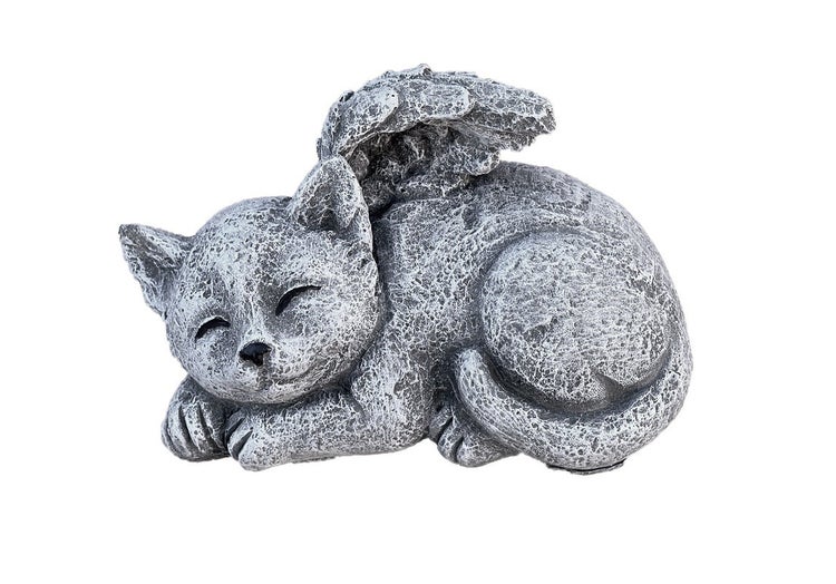 Dekorative Gartenfigur schlafende Katze mit Engelsflügeln aus wetterfestem Kunststein für den Außenbereich