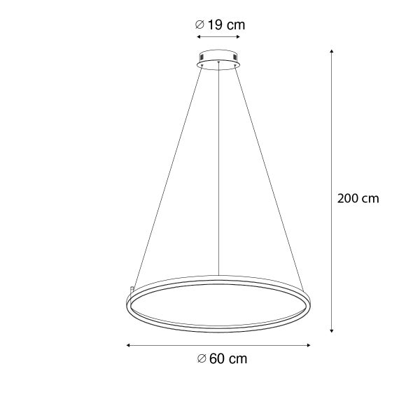 Technische Zeichnung einer Hängeleuchte mit den Maßen 19 cm Durchmesser oben, 60 cm Durchmesser unten und 200 cm Höhe