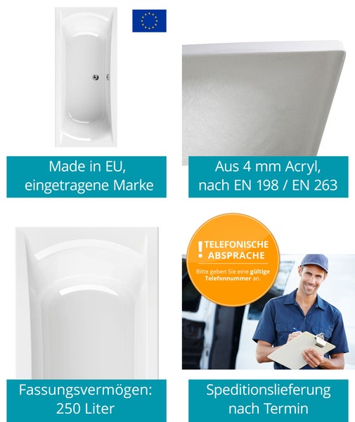Rechteckige weiße Badewanne aus 4 Millimeter Acryl, hergestellt in der Europäischen Union, 250 Liter Fassungsvermögen, Speditionslieferung.
