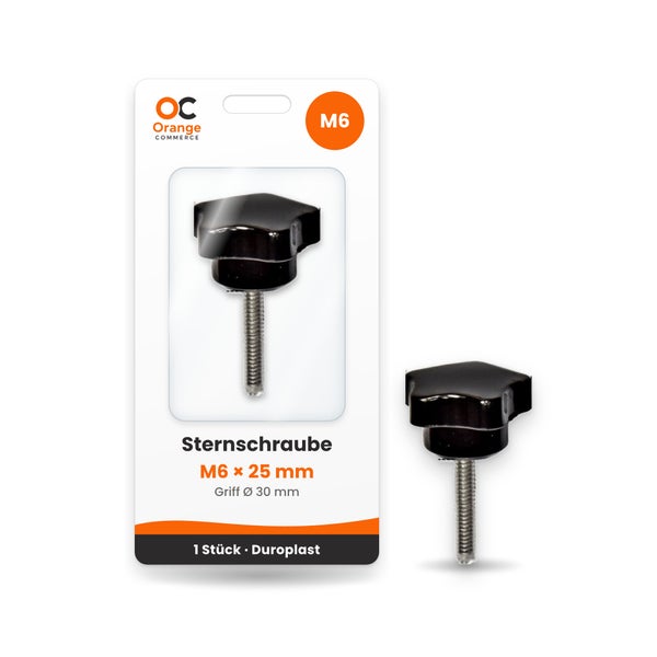 Sterngriffschraube M6 mal 25 Millimeter mit 30 Millimeter Griffdurchmesser aus Duroplast auf Blisterverpackung