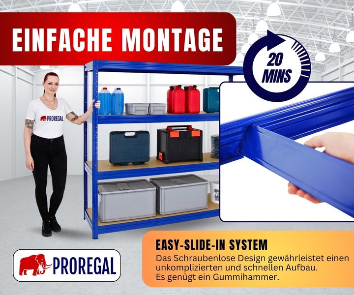 Frau neben blauem Metall-Schwerlastregal mit schraubenlosem Stecksystem. Montage in circa 20 Minuten. Detailansicht. Proregal Logo.